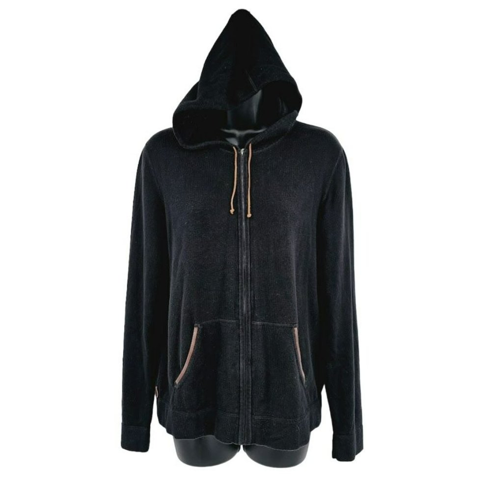 Ralph Lauren LRL Hoodie Sweater M Black Brown Leather Trim Full Zip 100% Cotton